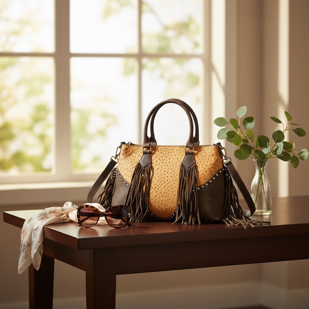 New Orange Western Genuine Ostrich Embossed Leather Rustic bag fringe crossbody